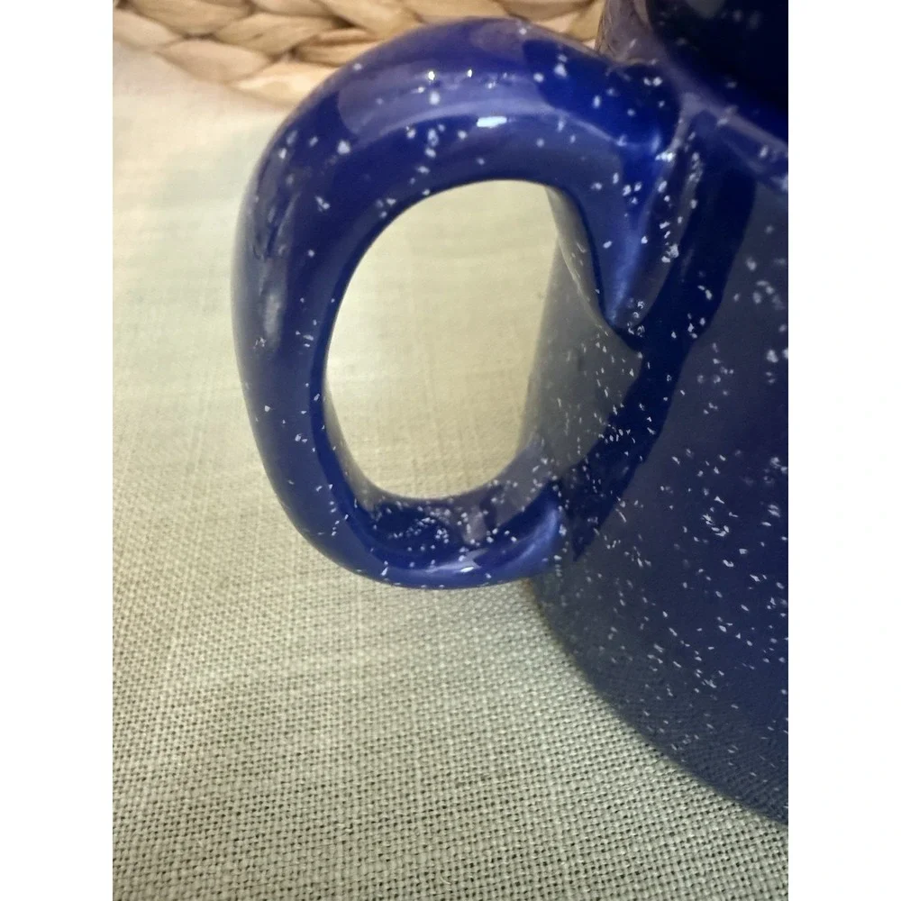 Vintage Rare Blue And White Speckled Ceramic Juicer And Small Pitcher